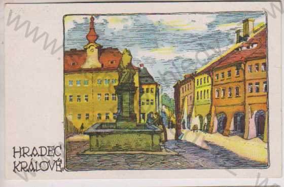  - Hradec Králové, náměstí s podloubím a kašnou, barevná, kresba