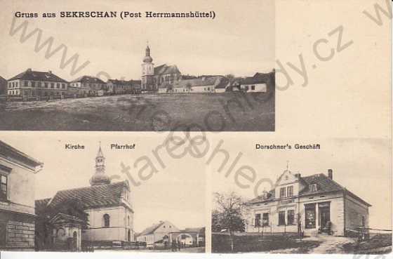  - Horní Sekyřany (Sekrschan, Post Herrmannshüttel, více záběrů, OBCHOD)