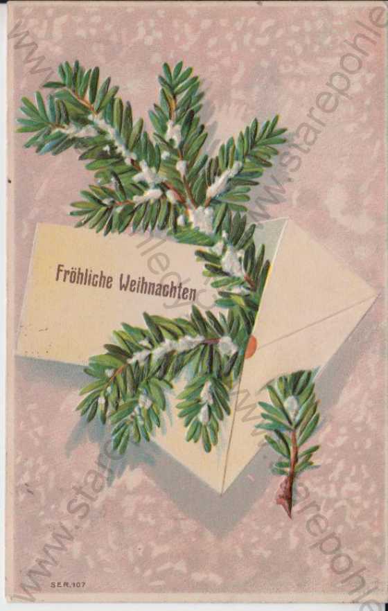  - Vánoce, Fröhliche Weihnachten, větvička, obálka, barevná, plastická karta