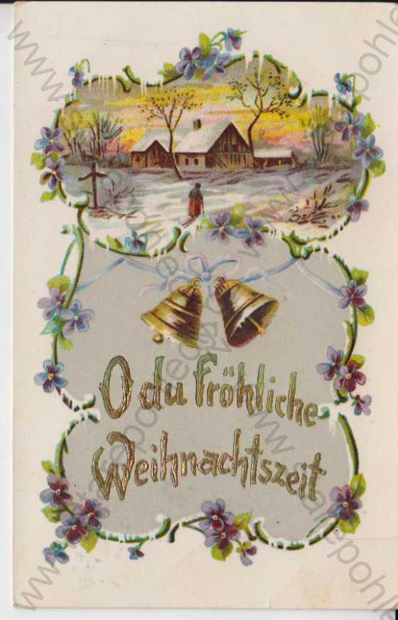  - Vánoce, Odu fröhliche Weihnachtszeit, zasněžený domek, barevná, litografie