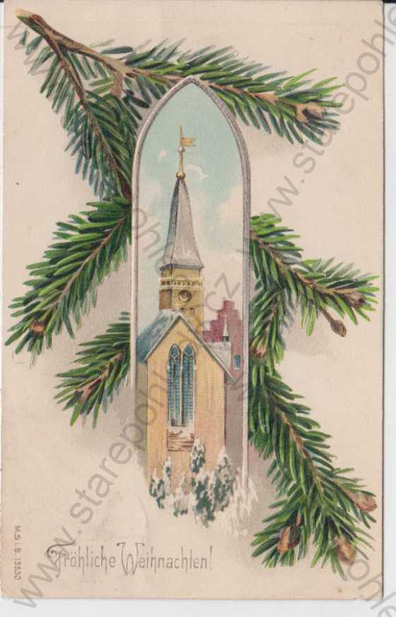  - Vánoce, Fröhliche Weihnachten!, kostel, barevná, plastická karta
