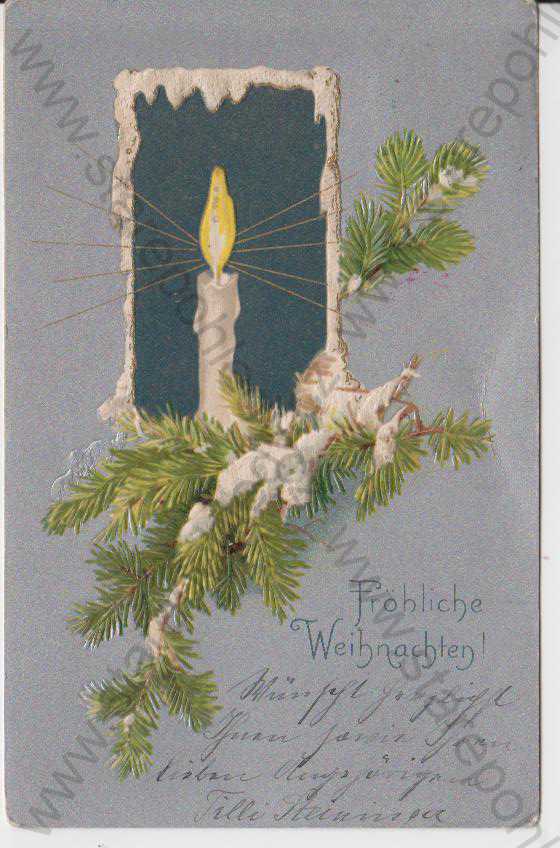  - Vánoce, Fröhliche Weihnachten!, větvička se svíčkou, barevná, vystouplý rámeček a větvička, DA