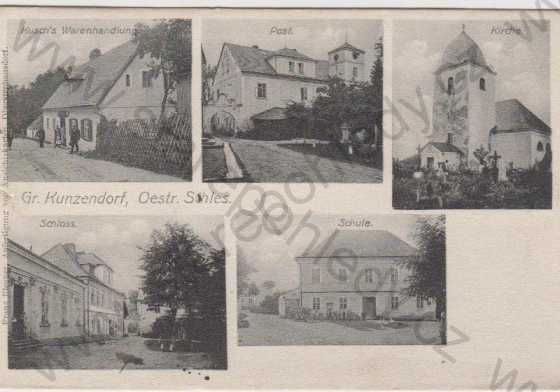  - Velké Kunětice / Gross Kunzendorf, Oestr. Schles. - Schloss, Schule, Post, Kirche, Kusch´s Warenhandlung