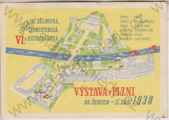  - VI. Jubilejní dělnická, živnostenská a hspodářská výstava v Plzni, 26. červen - 11. září 1938, barevná