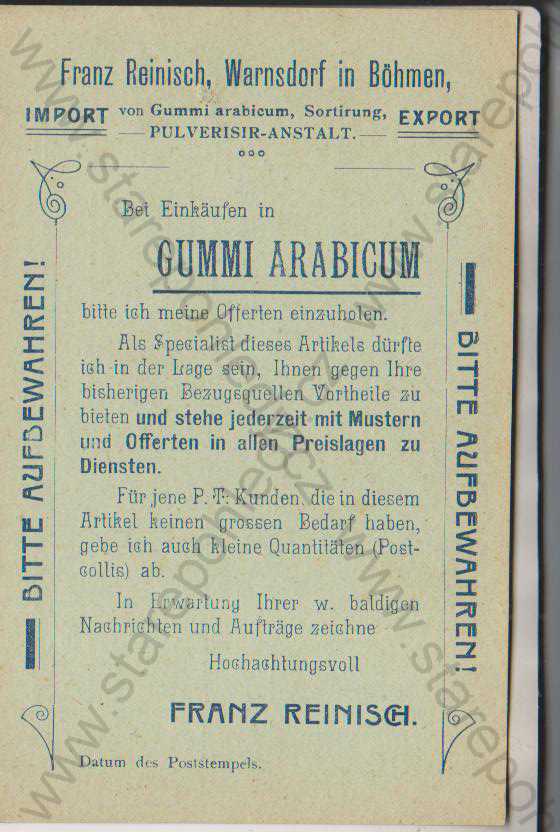  - Arabská guma, Franz Reinisch, Warnsdorf in Böhmen, Gummi Arabicum, export, DA