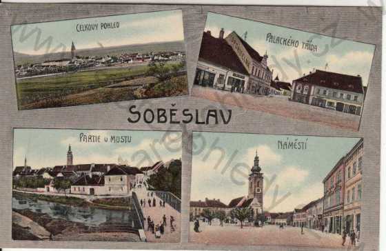 - Soběslav, kolorovaná, více záběrů: Partie u Mostu, Celkový pohled, Náměstí, Palackého náměstí