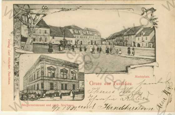  - Touškov (Tuschkau), náměstí, Bürgemeisteramt und städt. Sparkassa, více záběrů, DA