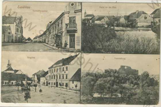  - Touškov (Tuschkau), Tscheminergasse, Partie an der Mies, Ringplatz, Trommelburg, více záběrů