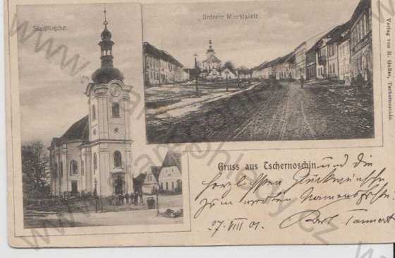  - Černošín / Tschernoschin, černobílá, více záběrů: Stadtkirche, Unterer Marktplatz