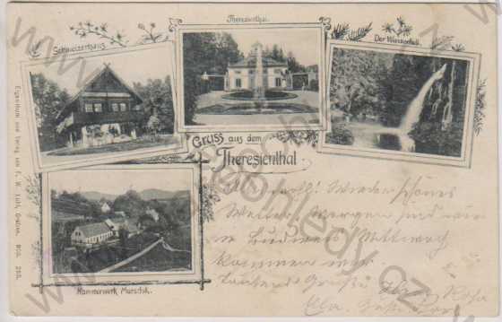  - Terčino údolí (Theresienthal), Schweizerhaus, Hammerwek Marschik, Der Wasserfall, více záběrů, DA