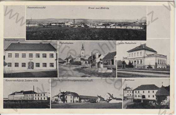  - Modřice / Mödritz, černobílá, více záběrů: Gesammtansicht, Bürgerschule, Freitsplatz, Landn. Fachschule, Rathaus..