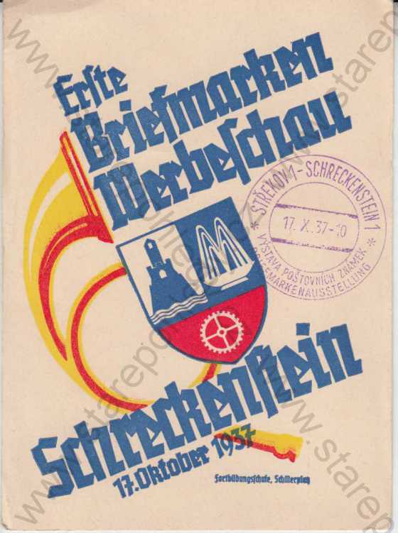  - Výstava poštovních známek, Střekov, Erste Briefmarken Werbeschau Schreckenstein 17. Oktober 1937