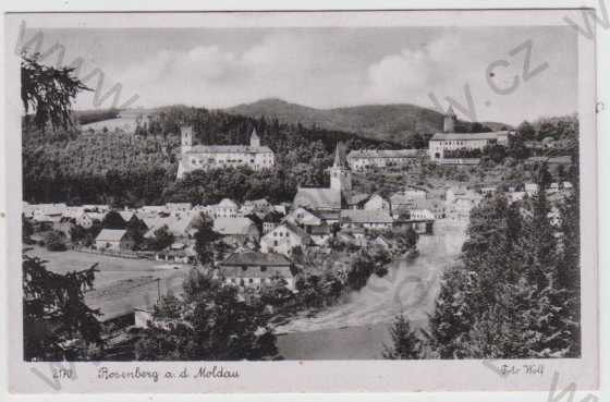  - Rožmberk (Rosenberg a. d. Moldau), pohled na domy, hrad, řeku