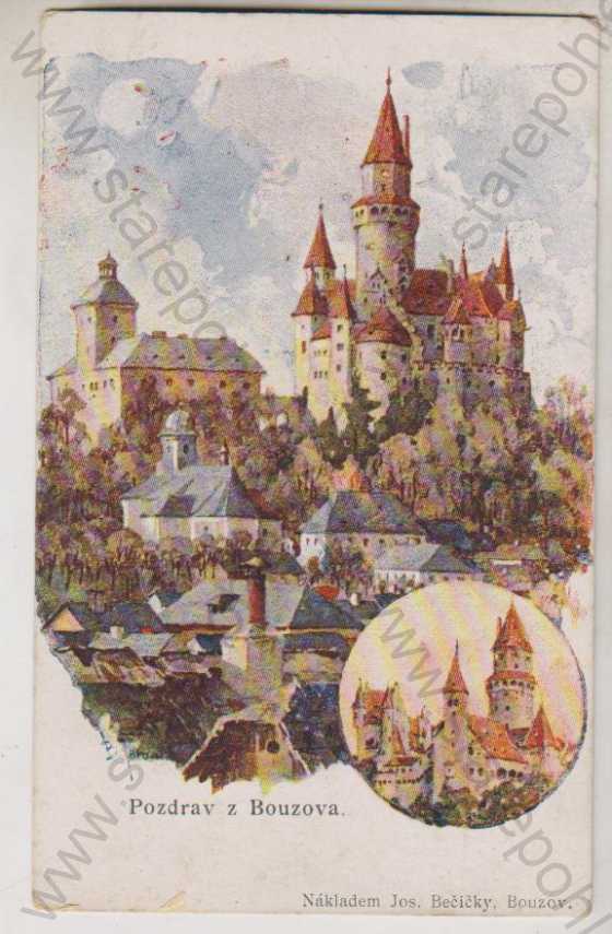  - Bouzov, pohled na hrad, dva záběry, barevná