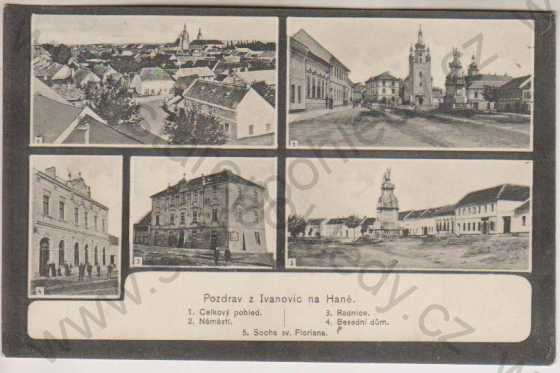  - Ivanovice na Hané, celkový pohled, náměstí, radnice, besední dům, socha sv. Floriana