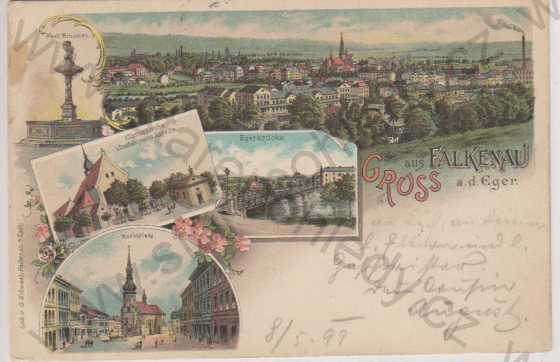  - Sokolov (Falkenau a.d. Eger), celkový pohled, socha, most, náměstí, klášter, litografie, DA, barevná