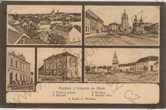  - Ivanovice na Hané, celkový pohled, náměstí, radnice, besední dům, socha sv. Floriana