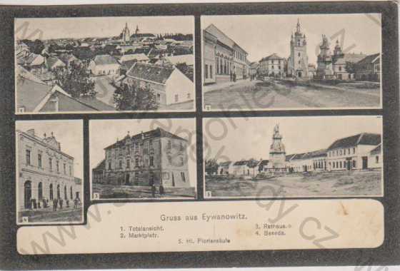  - Ivanovice (Eywanowitz), celkový pohled, náměstí, radnice, besední dům, socha sv. Floriana