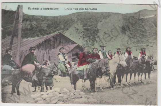  - Slovensko, Karpaty, lidé na koních, kolorovaná