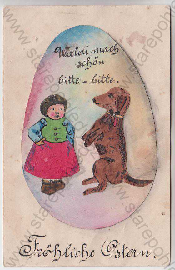  - Velikonoce, koláž, dítě a pes na velikonočním vajíčku (vystřižené obrázky a nalepené na pohlednici), ručně malováno