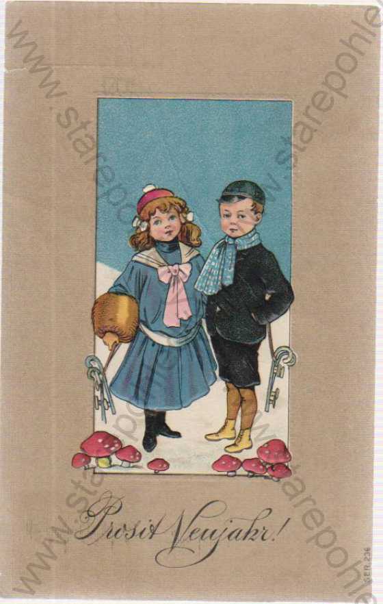  - Přání k Novému Roku, dvě děti na sněhu s bruslema, barevná, plastická karta