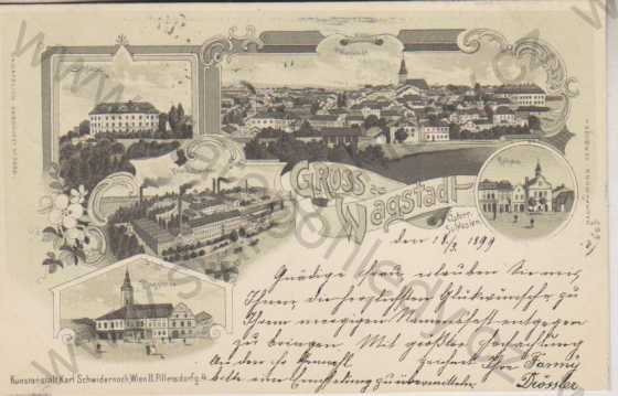  - Bílovec (Wagstadt), zámek, náměstí, celkový pohled, radnice), litografie, DA