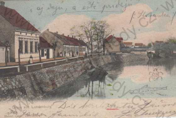 - Břeclav / Lundenburg, záběr od řeky, kolorovaná