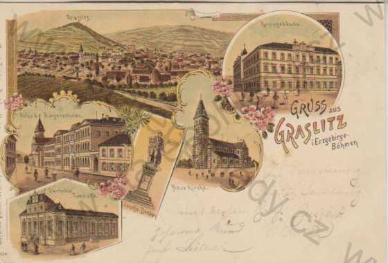  - Kraslice (Graslitz im Erzgebirge, Böhmen), celkový pohled, úřad, školy, kostel, pomník, tělocvična, litografie, DA, barevná
