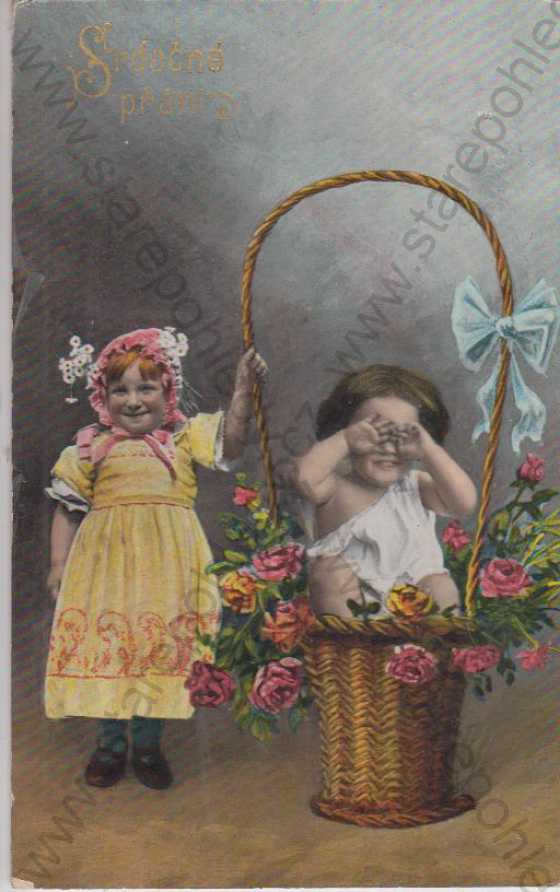  - Velikonoce, děti, košík s růžemi, barevná
