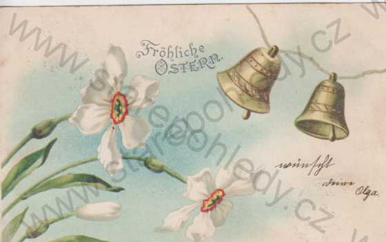 - Velikonoce, zvonky a bílé květiny, barevná, DA, litografie
