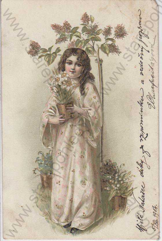  - Portrét dívka s květinami, barevná, DA, plastická karta