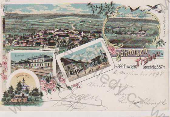  - Česká Třebová (Böhmisch Trübau), celkový pohled, továrna, nádraží, náměstí, kaple, litografie, DA, barevná
