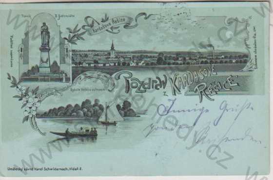  - Kardašova Řečice, celkový pohled, Pomník B. Jablonského, rybník Velký s ostrovem, litografie, DA