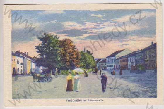  - Frymburk nad Vltavou (Friedberg im Böhmerwalde), náměstí s lidmi, kolorovaná