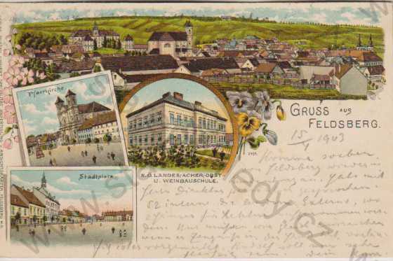  - Valtice (Feldsberg), celkový pohled, farní kostel, náměstí, škola, litografie, DA, barevná