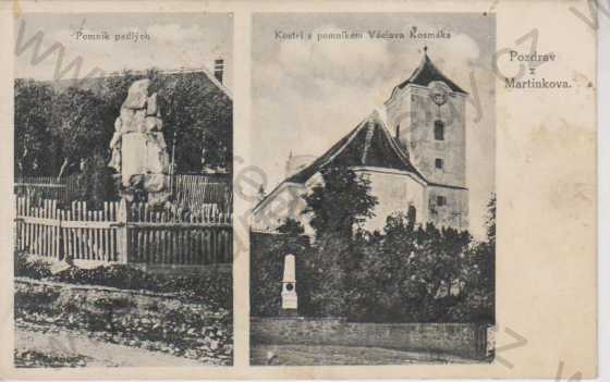  - Martínkov, pomník padlých, kostel s pomníkem Václava Kosmáka