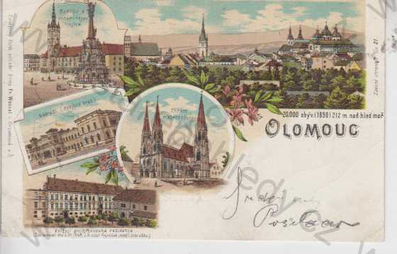  - Olomouc (Olmütz), partie chrámu, arcibiskupská residence, radnice, chrám nejsvětější Trojice, celkový pohled na město, kolorovaná, více záběrů, DA, NÁDRAŽÍ