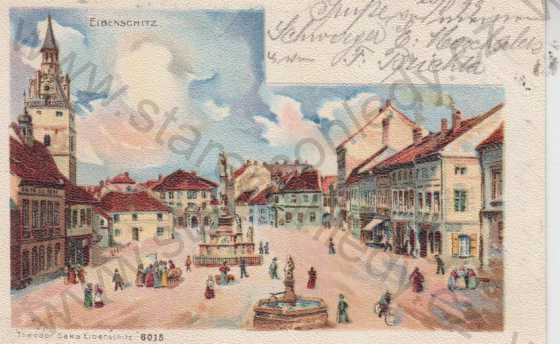  - Ivančice (Eibenschitz), partie náměstí s kostelem, kolorovaná, DA