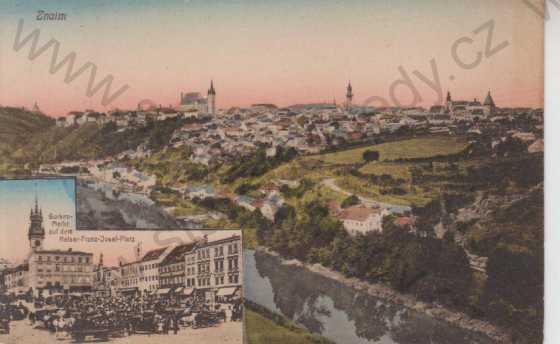  - Znojmo (Znaim), celkový pohled na město, náměstí France Josefa, tržiště, více záběrů, kolorovaná
