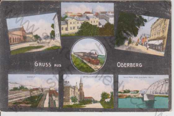  - Bohumín (Oderberg), celkový pohled na město, NÁDRAŽÍ, vlak, kostel, obchody, kolorovaná, více záběrů