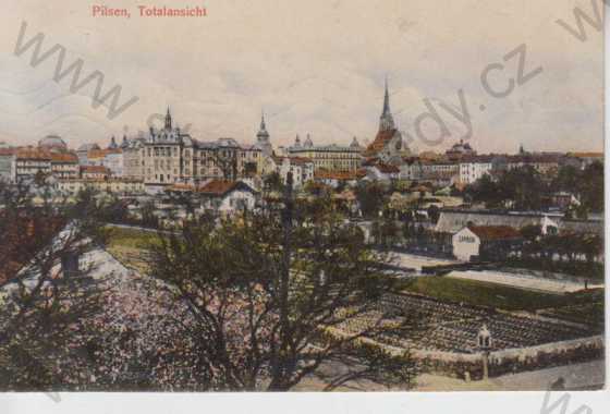  - Plzeň (Pilsen), celkový pohled na město, kolorovaná