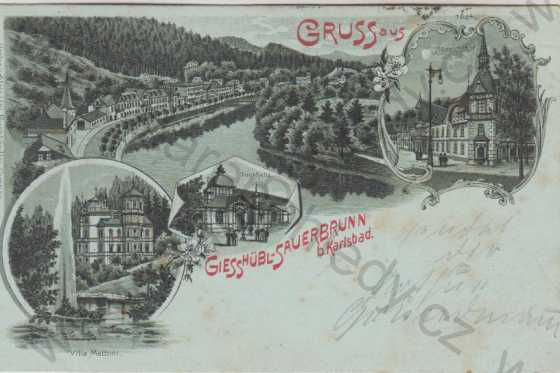  - Lázně Kyselka (Giesshübl - Sauerbrunn bei Karlsbad), celkový pohled, vila Mattoni, Heinrichshof, litografie, DA