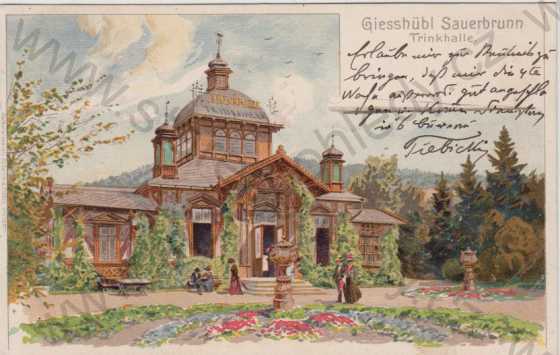 - Lázně Kyselka, Pitná hala (Giesshübl Sauerbrunn, Trinkhalle), litografie, DA, kolorovaná