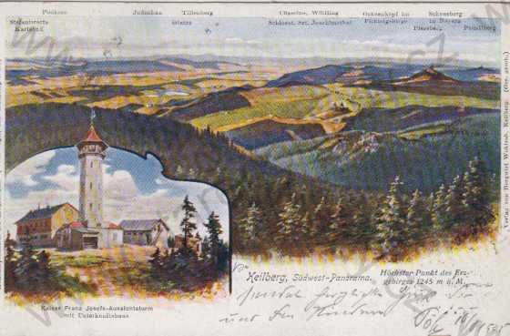  - Klínovec (Keilberg), jihozápadní panorama, rozhledna, kolorovaná, DA