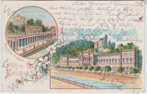  - Karlovy Vary (Karlsbad), Mlýnská kolonáda, lázeňský dům, Královská vila, litografie, DA, kolorovaná