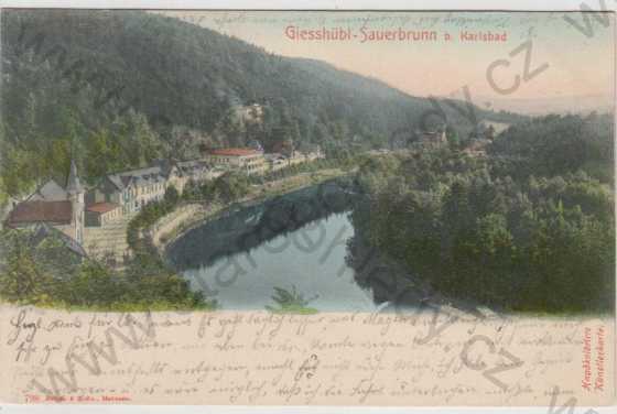  - Kyselka (Giesshübl Sauerbrunn bei Karlsbad), celkový pohled, Ohře, kolorovaná, DA