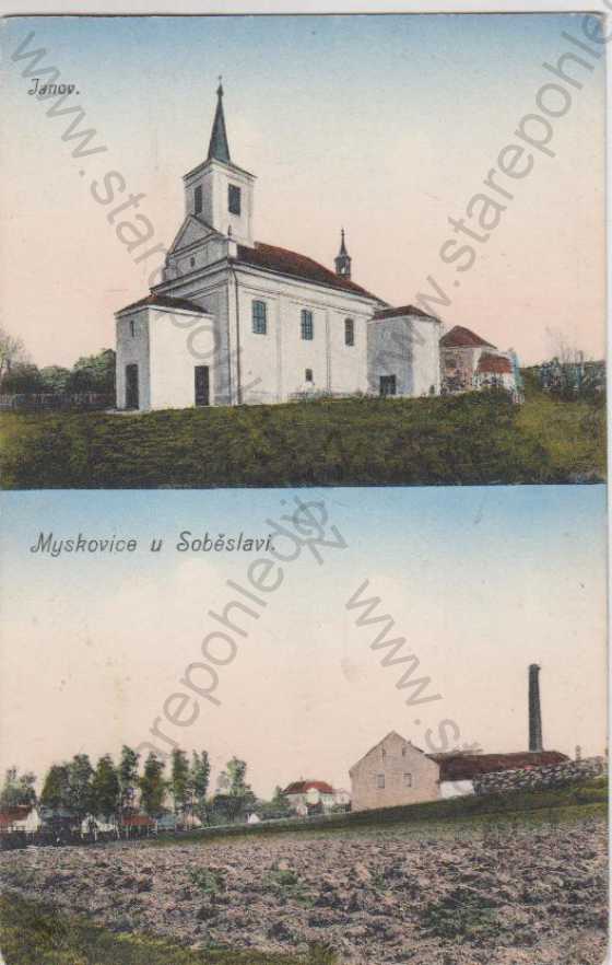  - Myslkovice/ Myskovice (Soběslav)- partie- pole; Janov- kostel, kolorovaná
