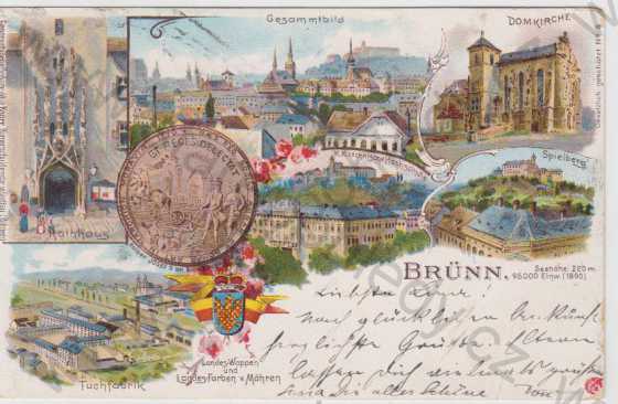  - Brno (Brünn), celkový pohled na město, radnice, kostel, fabrika, Špilberk, více záběrů, kolorovaná, DA