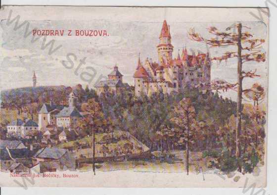  - Bouzov, hrad, kresba, kolorovaná