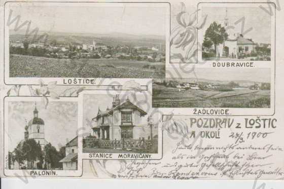  - Loštice a okolí, celkový pohled na město, Doubravice - kostel, Palonín - kostel, Moravičany - vila, více záběrů, DA